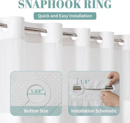eachope Stall White No Hook Waffle Weave Shower Curtain with snap-in Liner Replacement, 230GSM Waterproof Fabric Hotel Shower Curtain Set for Bathroom, Through Mesh Top Window,54Wx80H