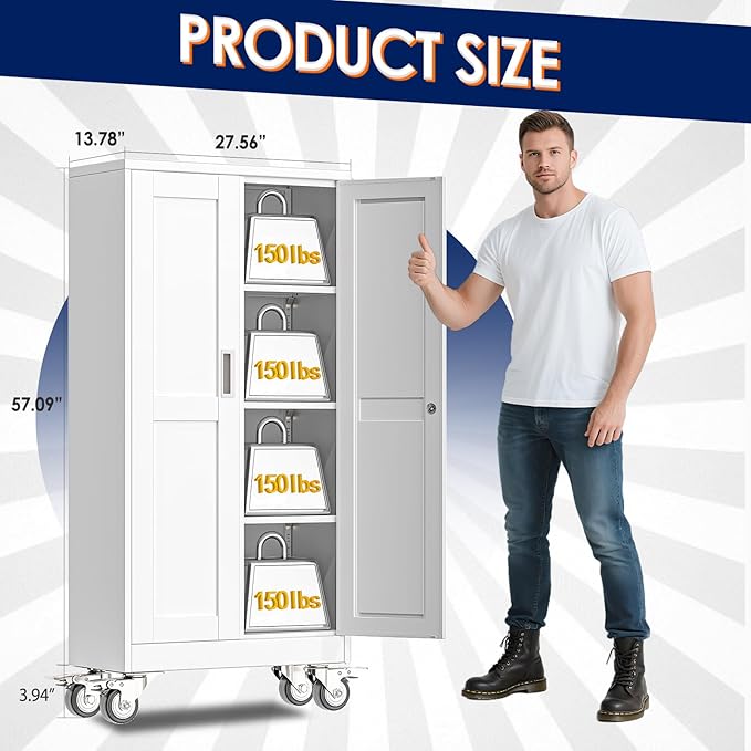 61" H Metal Garage Storage Cabinet, Rolling Tool Cabinet
