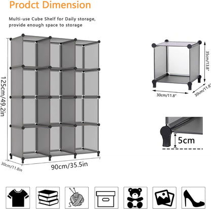 AWTATOS Cube Storage Organizer Closet Storage Cubes Shelves Bookshelf Clothes Organizer DIY Plastic 12 Cube Shelves for Home, Bedroom, Grey ULPZ022