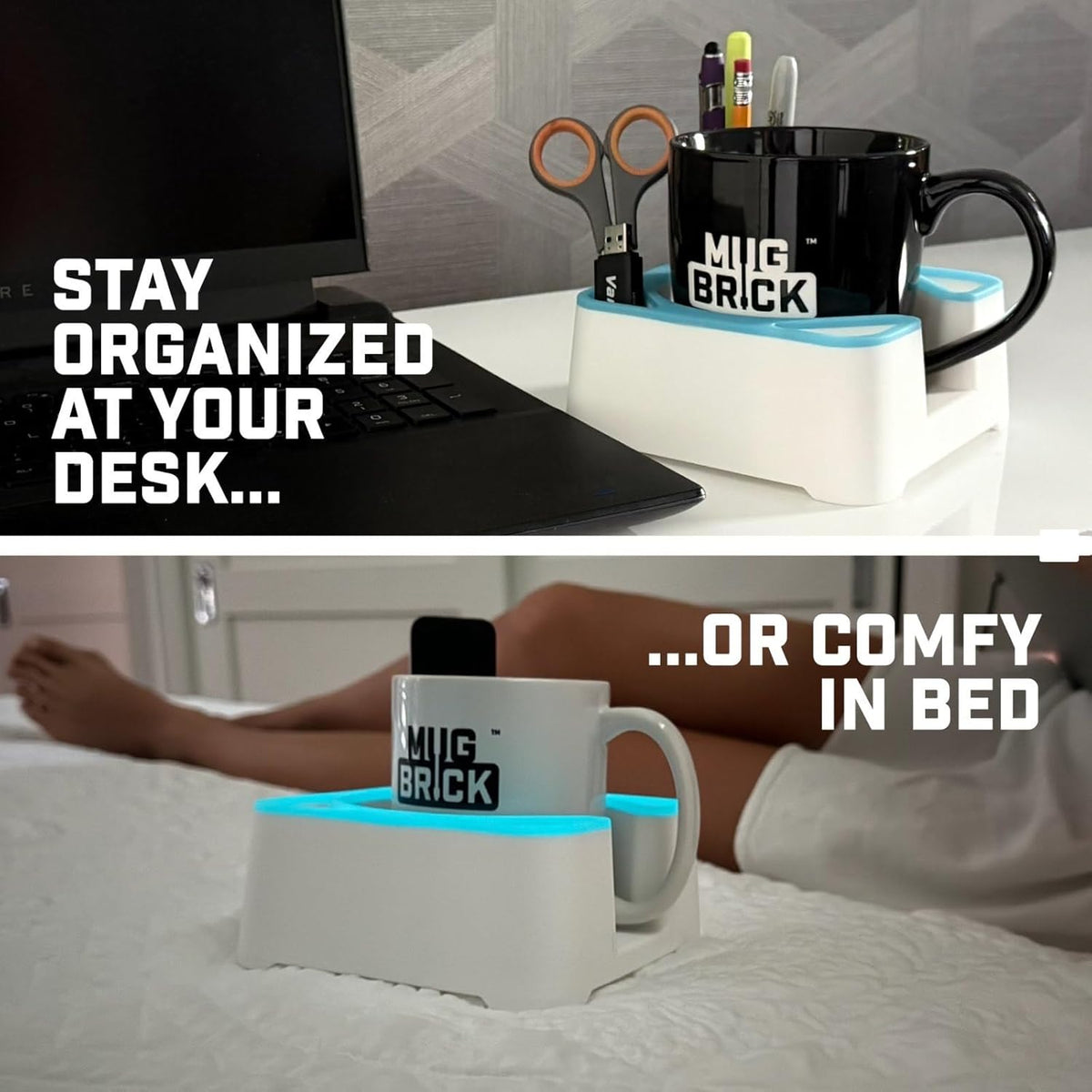 MugBrick Drink Holder for Couch, Bed, Car, Boat - Non-Spill Table and Desk Cup Holder, Tip Proof Spill Prevention Organizer, White + Pink Glow