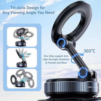 Vacuum Magnetic Car Phone Holder for Magsafe[80+LBS Strongest Suction & 2400gf Magnetic], 360° Adjustable Magnetic Car Phone Mount, Phone Holder for Your Car/Gym/Shower for iPhone&Android
