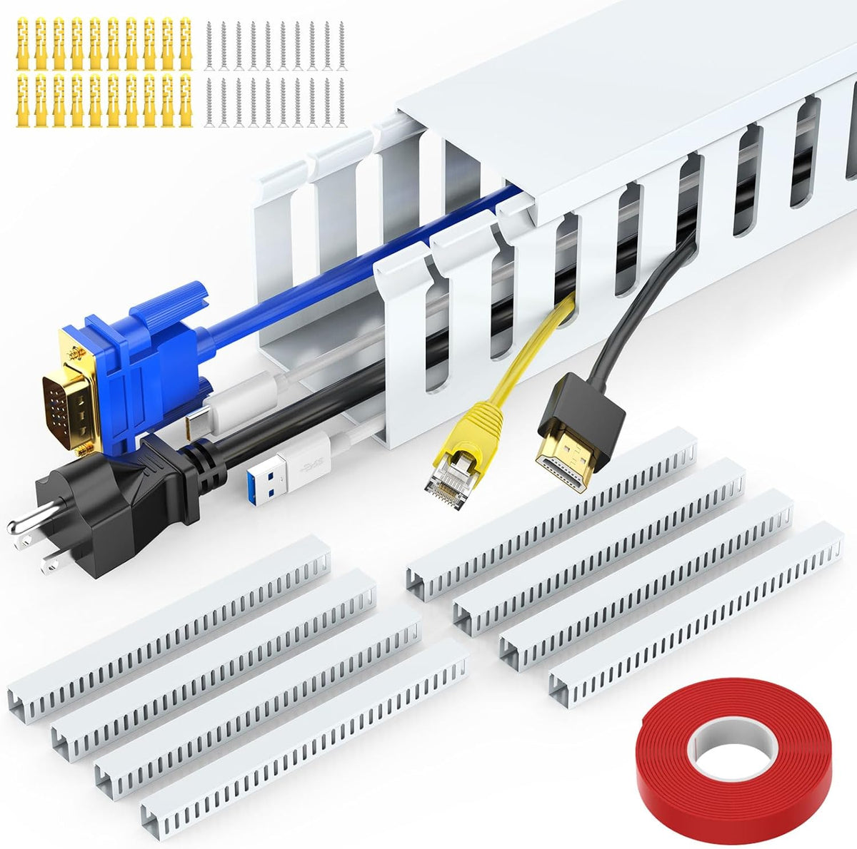 Wire Duct Kit, Open Slot Cable Management Raceway, 123in Track Desk Channel, Cord Cover Wiring, Cable Raceway Kit to Hide Wall Mount TV Cables - 8x15.4in X 1.97in X 1.97in