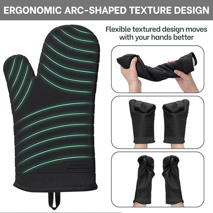 Beneno Heat Resistant Silicone Oven Mitts BPA-Free, Non-Slip Textured Grip & Quilted Cotton Lining, Waterproof Kitchen Mitt 2-Pack Set, 7"x13", Black
