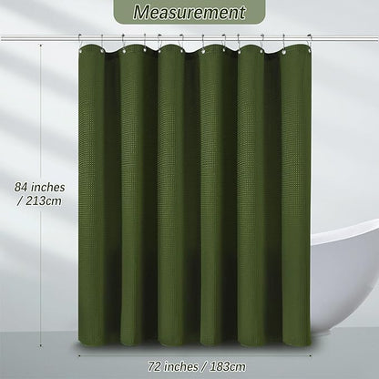 PANGSINNE Waterproof Fabric Shower Curtain Extra Long Waffle Weave Heavy Duty Bathroom Shower Curtain Set, 256GSM Weighted Thick Shower Curtain with 12 Rust-Resistant Hooks,72Wx84H Green