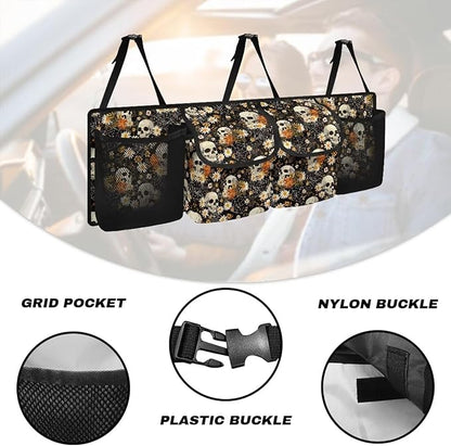 Skull Car Trunk Organizer and Storage, Flower Car Accessories for Women Large Capacity Space-Saving Back Seat Car Organizer for SUV/MPV/Truck/Sedan, It Easy to Find Things