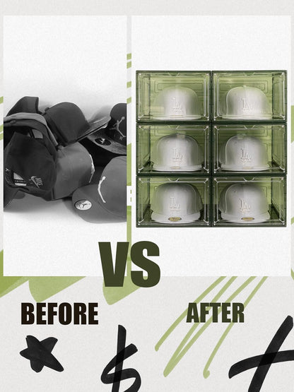 6 Pack Hat Organizer Box, Stackable Clear Baseball Caps Holder Box Containers with Magnetic Door for Hats Snapback Cap Storag, Hat Rack Display Case, Holds 8 Hats Each (Green)