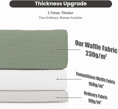 Inhousolu No Hook Waffle Weave Shower Curtain with Removable Snap in Fabric Liner Set for Bathroom, 230 GSM Heavy Duty Weighted Hem, Water Repellent Washable Bath Curtains, 72 x 72 Inch, Sage Green