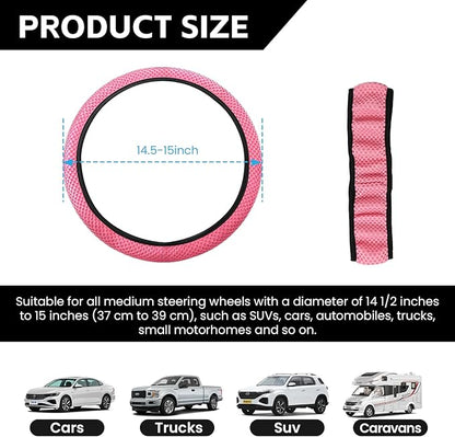 Elastic Stretch Car Steering Wheel Cover, Comfortable Steering Wheel Cover Universal for 14.5-15 Inch, Warm in Winter & Cool in Summer, Anti-Slip Breathable Ice Silk (Pink)