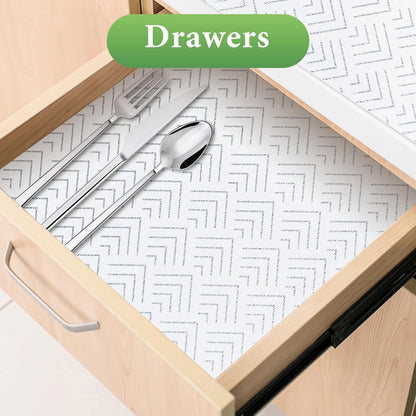 Shelf Liner for Kitchen Cabinets Non Adhesive Drawer Liner Non-Slip Thickened Shelf Liner Paper Strong Easy to Clean for Tool Box Refrigerator with Knife and Tape Measure,Silver Arrow,11.8 x 354.3 in