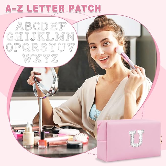 ChaoGreat Bride Gifts – Personalized Initial Makeup Bag with Pearl Rhinestone Patch, Preppy Pink Monogram Cosmetic/Toiletry Pouch, bridesmaid Gifts, Bridal Shower Gifts, Wedding Gifts, Bridal Gifts,U