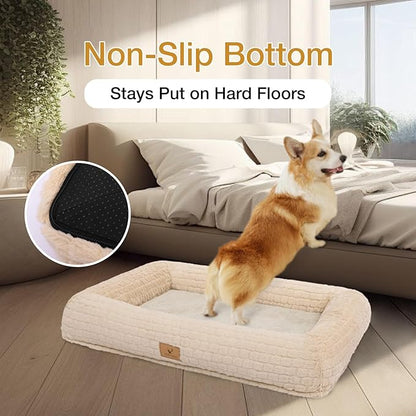 Plush Orthopedic Dog Bed for Medium Large Dogs, Memory Foam Bolster Sofa Bed with Removable Washable Cover, Waterproof Lining & Non-Slip Bottom (Tan-M)