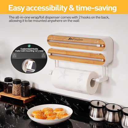 APSARAS USA Magnetic Plastic Wrap Dispenser with Cutter, 3 in 1 Aluminum Foil wrap Organizer, Practical Refillable Cling Wrap Film Cutter, Wall Mount Kitchen Wrap Dispenser, Include 2 * 12" Rolls