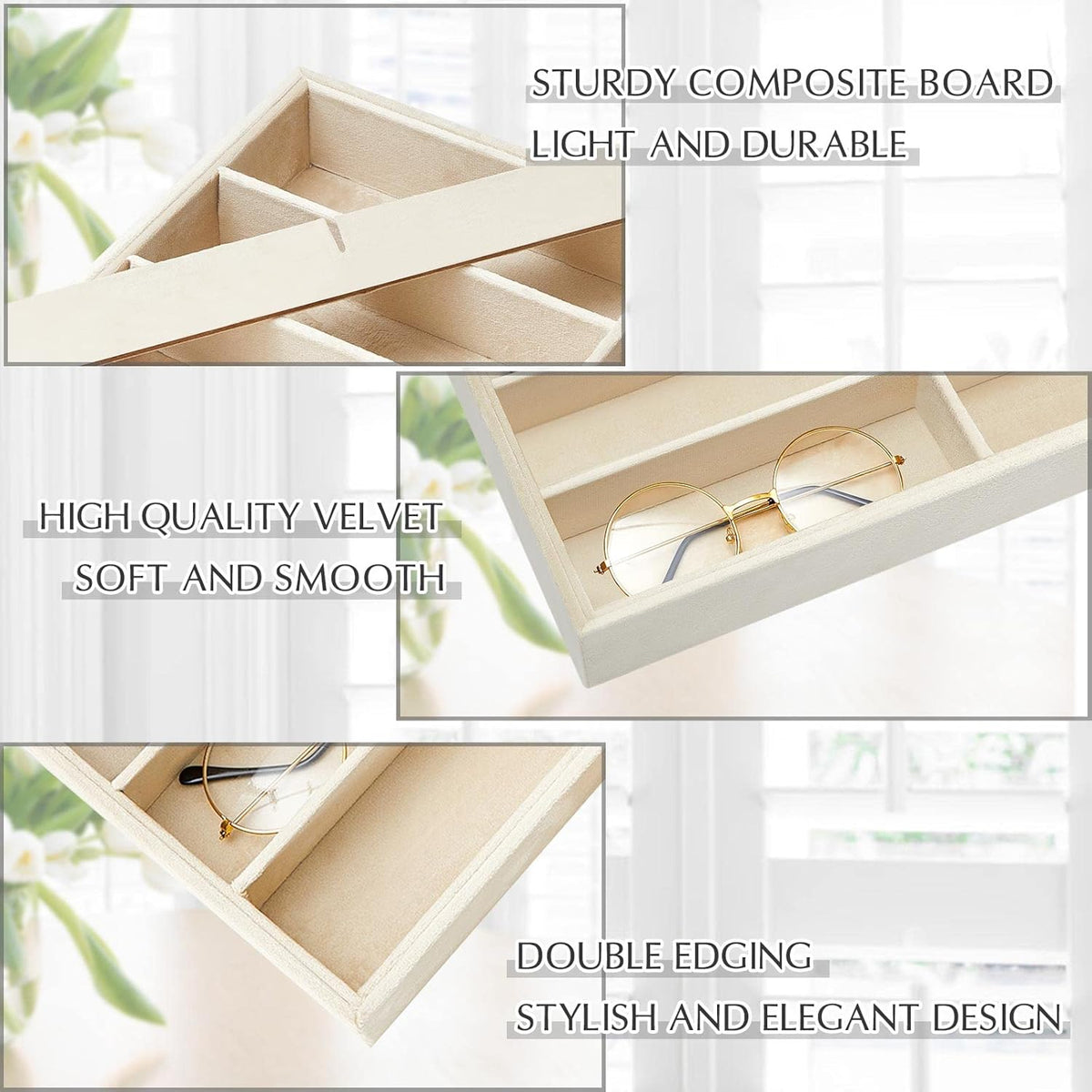 Amylove 2 Pcs Sunglass Organizer Trays Glasses Stackable Jewelry Trays Sunglass Organizer Display Box(8 Grids,Beige)