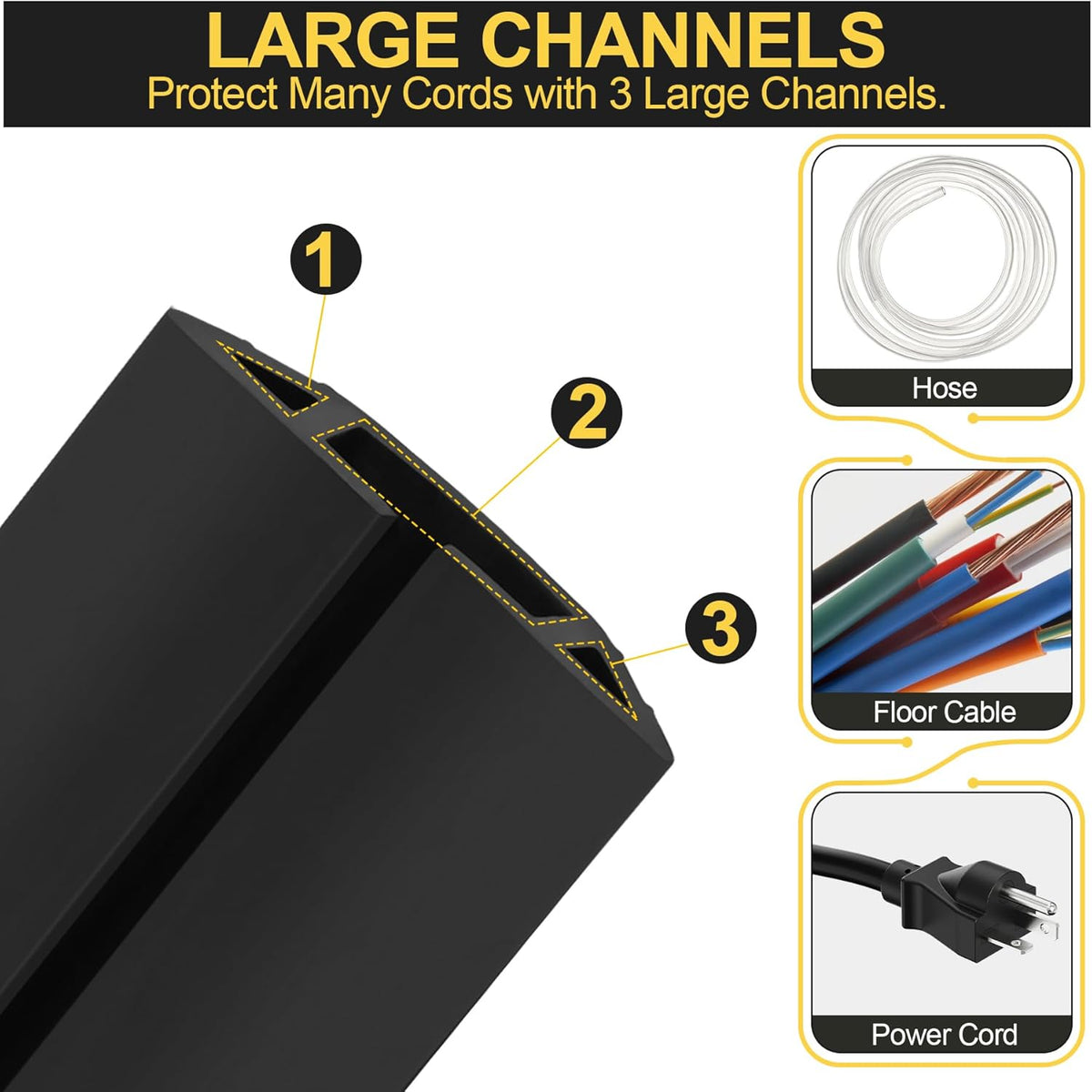 MYFAMIREA 20FT Floor Cord Cover Heavy Duty Cable Cover Protector 3 Channels Extension PVC Floor Wire Cover Outdoor Cord Hider Management Cord Cover for Wire on Floor Home Outdoor (2PCS 10FT, Black)