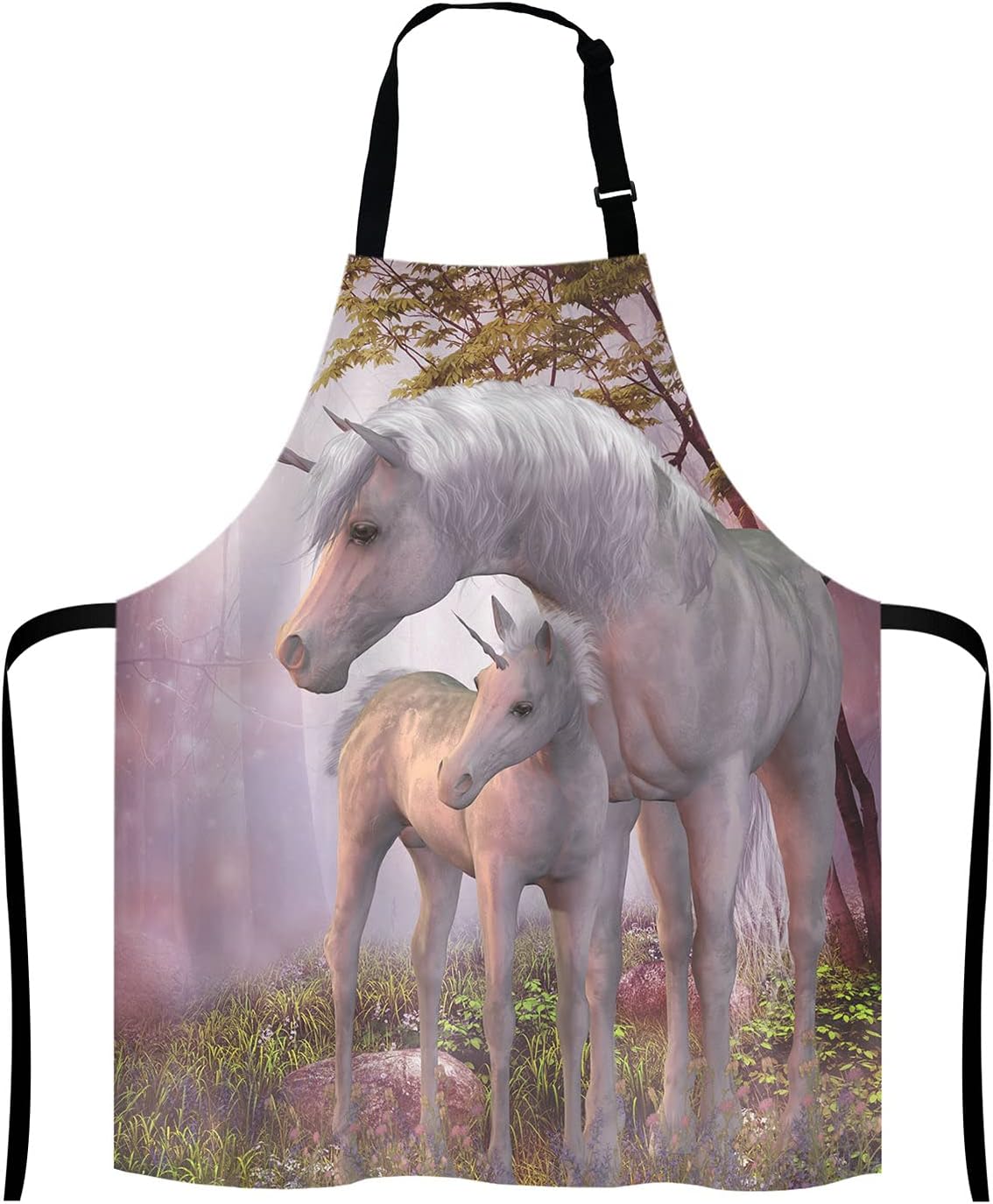 Fantasy Unicorn Adjustable Bib Apron,Unicorns Mare and Foal Cooking Kitchen Apron for Men Women