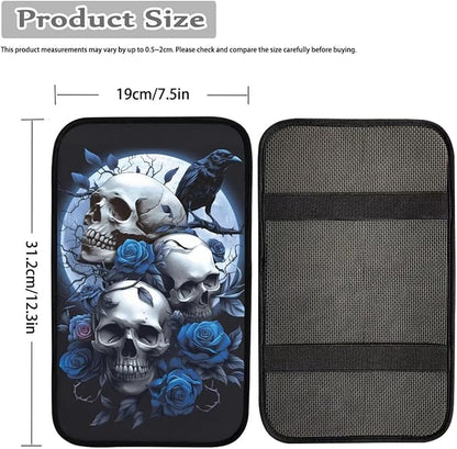 Dreaweet Goth Car Accessories for Women Interior Blue Rose and Skull Arm Rest Cover for Car Truck SUV Center Console Cushion Pad Anti Slip Comfort Padded Armrest Cover