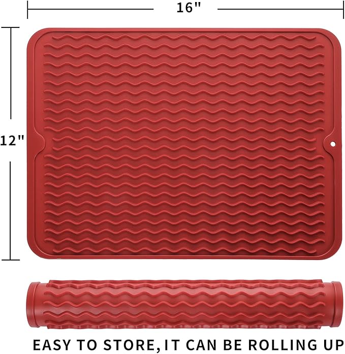 Silicone Dish Drying Mat for Multiple Usage,Easy clean,Eco-friendly,Heat-resistant Silicone Mat for Kitchen Counter or Sink,Refrigerator or drawer liner Red L 16 inches x 12 inches
