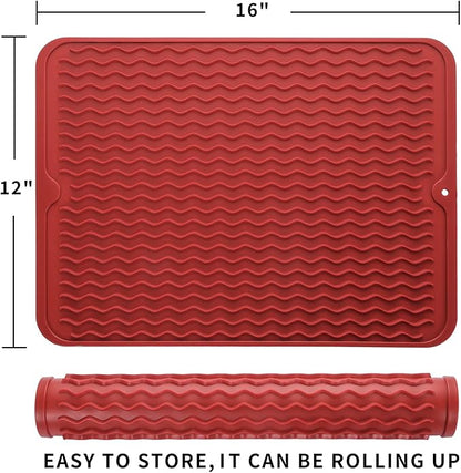 Silicone Dish Drying Mat for Multiple Usage,Easy clean,Eco-friendly,Heat-resistant Silicone Mat for Kitchen Counter or Sink,Refrigerator or drawer liner Red L 16 inches x 12 inches