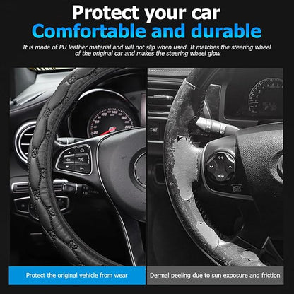 Car Steering Wheel Cover, PU Leather Non-Slip Lantern Pattern Vehicle Steering Wheel Cover Protection, Breathable Automotive Interior Protecter Accessories, Universal Fit (Black)