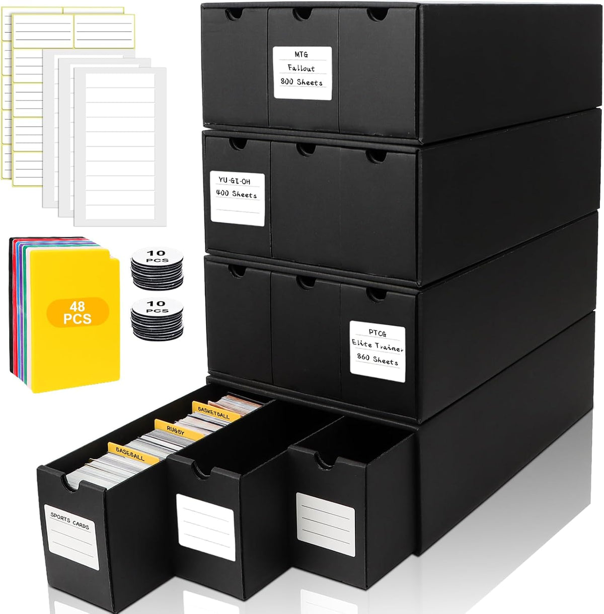 Trading Card Storage Box, Includes 12-600 CT Boxes & 48 Card Dividers, 12000+ Trading Card Organizer for Collectible Card Games, for TCG, MTG, PTCG, Baseball Cards, with Labels & Tapes