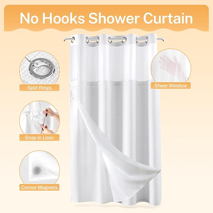River Dream White Fabric Shower Curtain Set, Cotton Blend, Waffle Weave, with Snap in Replacement Liner，54 x 80 inches