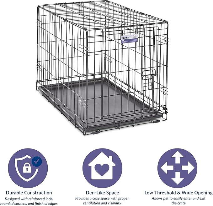 MidWest Homes for Pets 30-Inch iCrate Folding Dog Crate with Divider Panel, Leak-Proof Tray & Secure Latches – Metal Wire Kennel for Medium Breeds – Portable, Durable & Easy to Assemble
