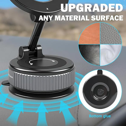 Vacuum Magnetic Phone Holder with Sticky Gel Base, 360° Foldable Suction Cup Phone Mount for Textured Dashboard Windshield, Strong Magnetic Car Mount for iPhone MagSafe & Android Phones(Black)