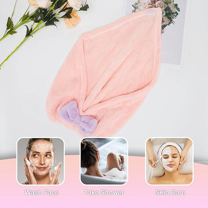VOCOSTE 2pcs Hair Drying Towels, Triangular Hair Towel Wrap for Women, Absorbent Hair Turban Towel, Bow Hair Drying Cap for Straight Short Hair, Pink