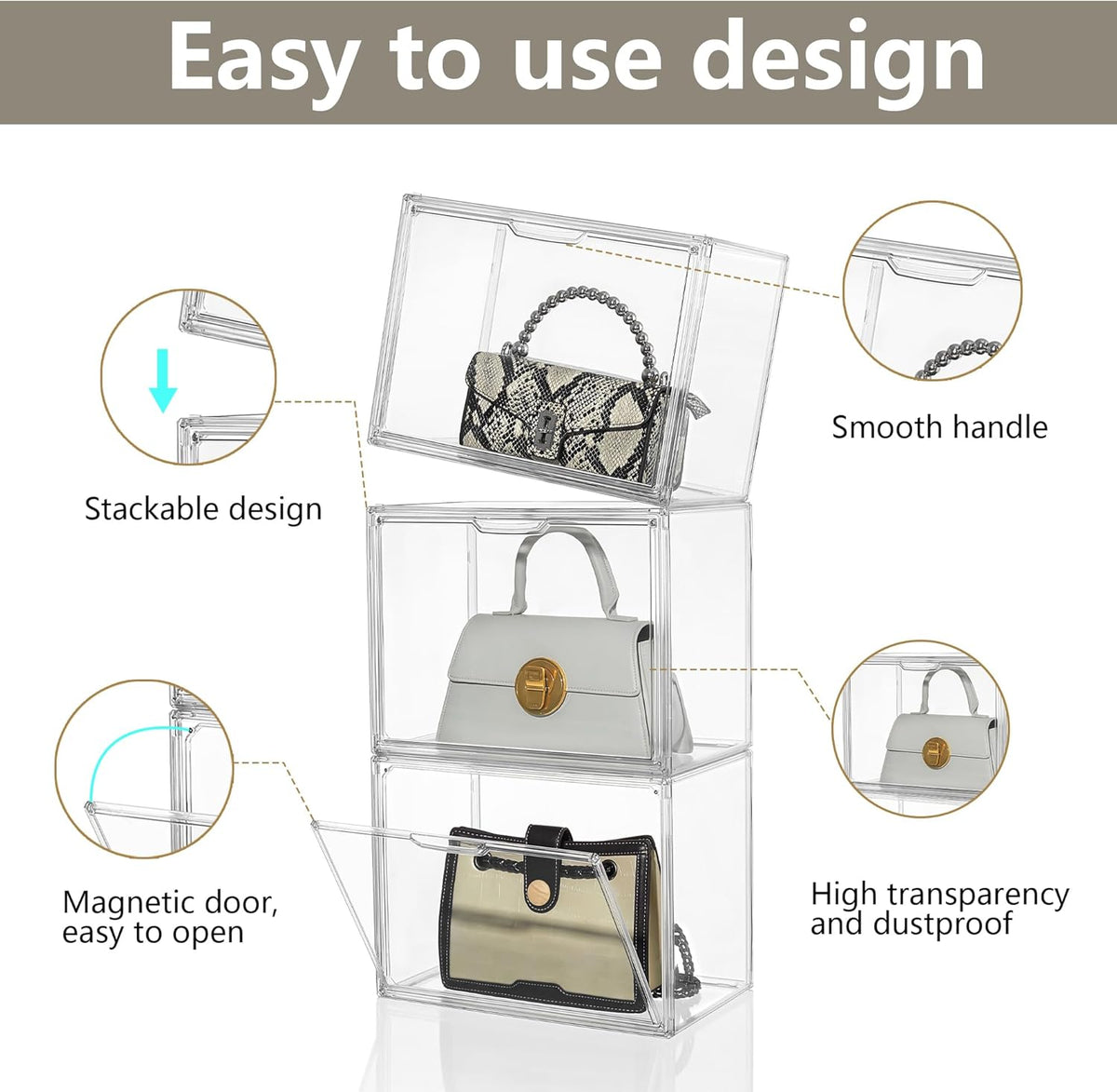 Attelite Purse Organizer for Closet, 5 Pack X-Large Handbags Storage Organizer,Stackable Storage Bins for Collectibles, Cosmetic,Heels