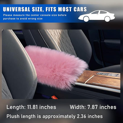 Furry Car Center Console Cover, 11.8"×7.9" Sheepskin Wool Armrest Box Cushion Pad, Comfort Soft Auto Center Console Protector, Interior Decor Accessories for Most Vehicles (Pink)