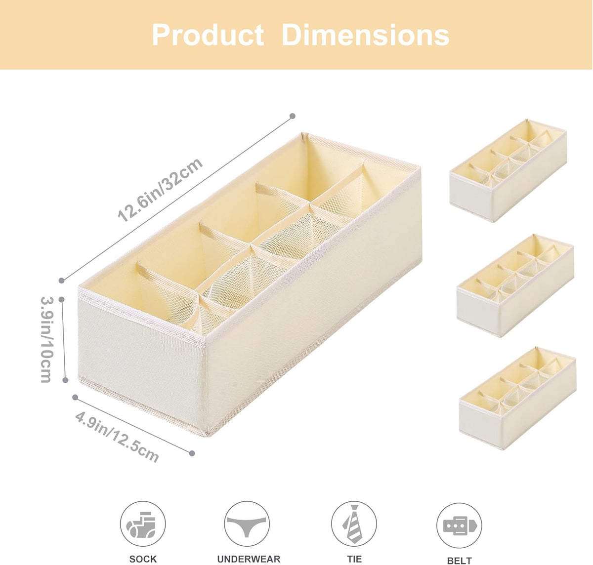 Qozary 3 Pack Sock Underwear Drawer Organizer Dividers, Collapsible Cabinet Closet Storage Boxes for Clothes, Socks, Lingerie, Underwear, Tie, Belt, Baby, Bedroom