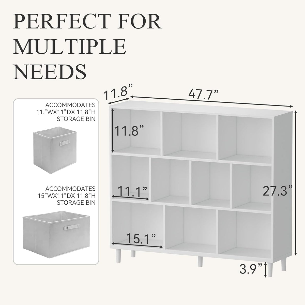 Wood Cube Storage Organizer White Bookshelf - 3-Tier Freestanding Storage Cabinet with Legs for Home Office, 10-Cubes Open Shelf