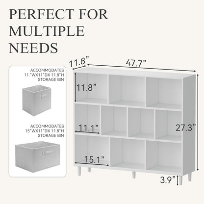 Wood Cube Storage Organizer White Bookshelf - 3-Tier Freestanding Storage Cabinet with Legs for Home Office, 10-Cubes Open Shelf