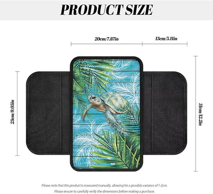 Dreaweet Tropical Leaf Print Car Armrest Cover Sea Turtle Car Accessories Center Console Cover with Pockets,Soft Arm Rest Cover for Car SUV Truck Sedan Van