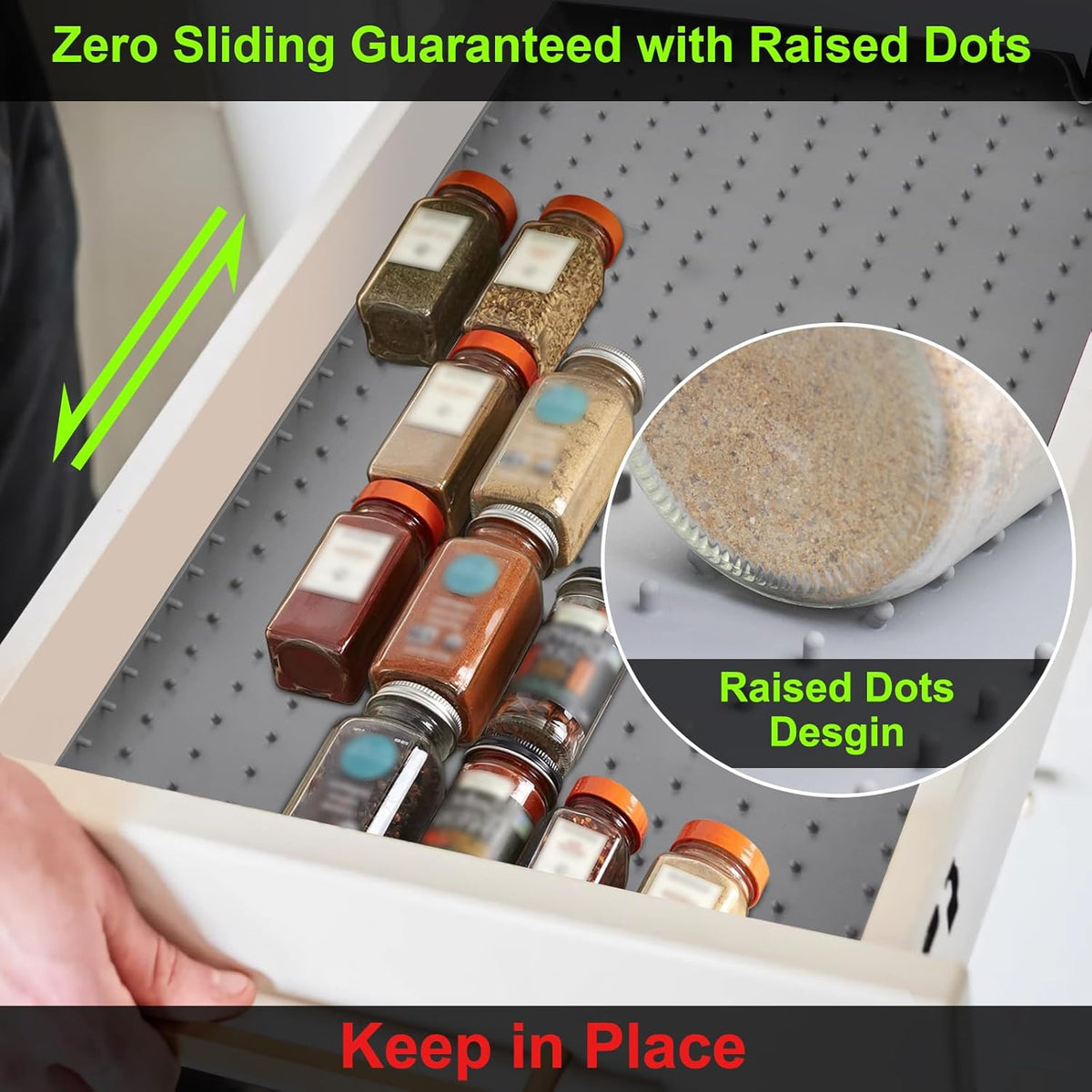Gosmol Spice Drawer Organizer insert, Adjustable & Non-Slip Silicone Spice Drawer Liner, in Drawer Spice Organizer for Seasoning Jars and Spices Bottles -Grey