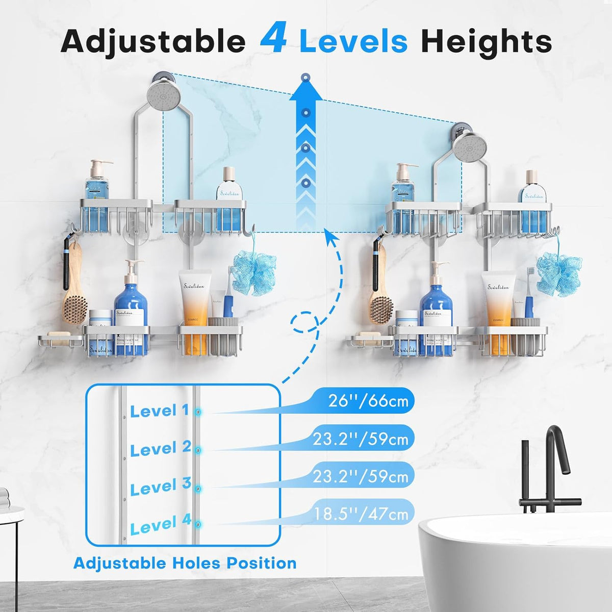 Aluminum Alloy Hanging Shower Caddy for Handheld Shower Heads,Rustproof Hose Shower Organizer 4 Levels Height Adjustable Shower Rack with Hooks,Razor Holder,Soap Holder