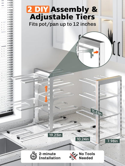 MUDEELA 8-Tier Pots and Pans Organizer under Cabinet, 15.83" Height Heavy Duty Pot Pan Organizer Kitchen Cabinet Organization and Storage, Adjustable Pot Rack for Frying Pan, Cast Iron Skillet, Sliver