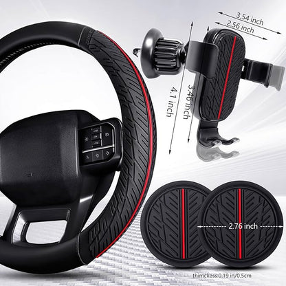 CAR PASS Leather Rubber Steering Wheel Cover Combo Set Universal Fit for Truck SUV Car Ram F150 Tundra 4Runner Tacoma Mobile Phone Holder Anti-slip Heavy Duty Tire Tread Large-size 15.5"-16" Black Red