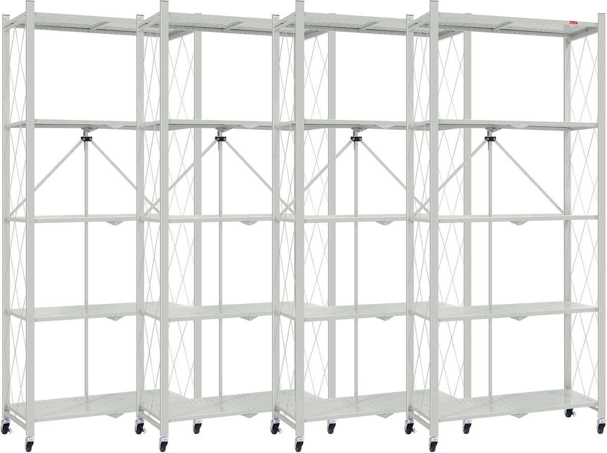 DEANIC 5 Tier Foldable Storage Shelves with Wheels, Large Capacity Shelving Unit, Freestanding Metal Wire Shelf Rack, No Assembly Organizer Rack for Garage Kitchen, Basement, Pantry(Grey Pack of 4)
