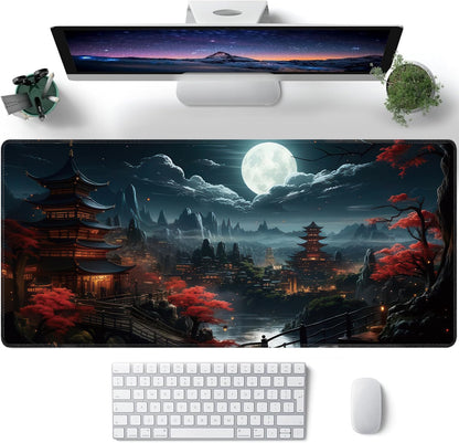Japanese Full Moon Large Mouse Pad,Gaming Keyboard Desk Pad,Extended Mouse Mat Non-Slip Rubber Base with Stitched Edges for Office Game Home XXL 35.4"x15.7"