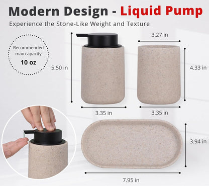 Beige Bathroom Accessories Set, 3 Pcs Resin Bathroom Accessories Complete Set, Sandstone Look Soap Dispenser with Large Pump, Toothbrush Cup, Soap Dish for Modern Home Decor and Kitchen