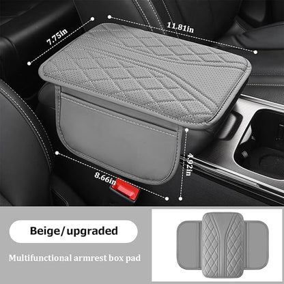 Car Center Console Cover, Leather Vehicle Armrest Box Pad with 2 Storage Bags, Automotive Interior Arm Rest Cushion Protector Accessories, Universal for SUV Sedan Truck (Gray)