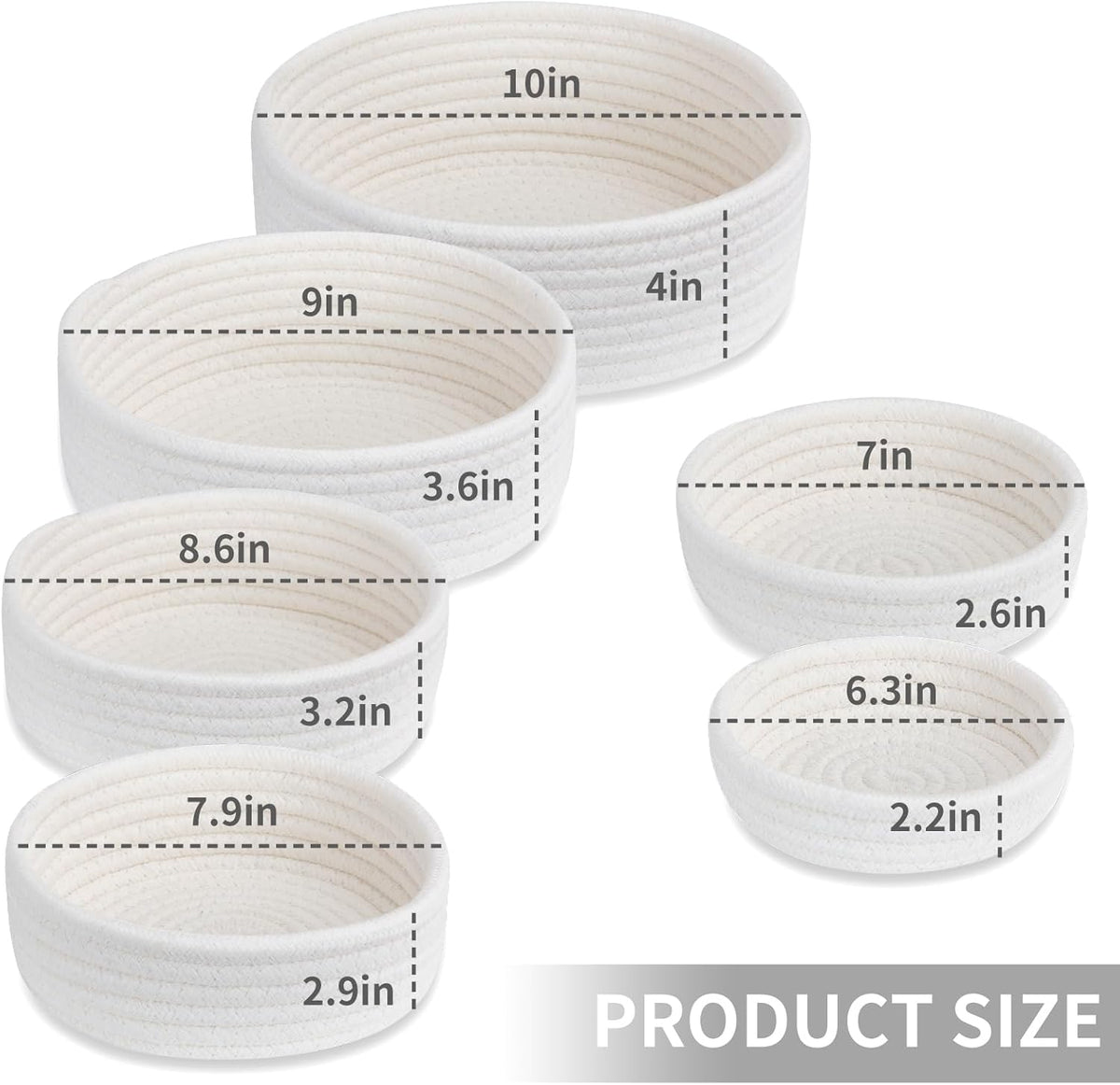 Small Shelf Storage Baskets for Organizing, 6 Pack Round Cotton Rope Bins, Decorative and Cute Woven Baskets for Bedroom and Closet, Key Tray Bowl, Home Decor Countertop Organizer (Beige)