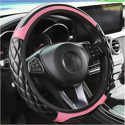 Carbon Fiber Car Steering Wheel Cover, Leather Breathable Non-Slip 14.5-15 Inch Vehicle Steering Wheel Protector, Auto Interior Protection Accessories, Universal for SUV Sedan Truck(Pink)