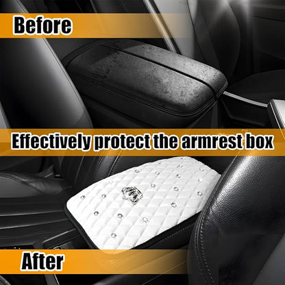 Mandark Bling Car Center Console Cover, Rhinestones Crown Vehicle Armrest Seat Box Mat Pad, Diamond Automotive Interior Arm Rest Cushion Protector Decor Accessories, Universal Fit(White)