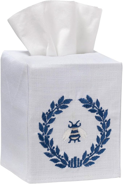 Jacaranda Living Square Tissue Box Cover, Linen/Cotton Fabric Tissue Holder, Decorative Cloth Tissue Cube Cover, Nature Designs Napoleon Bee Wreath (Navy)