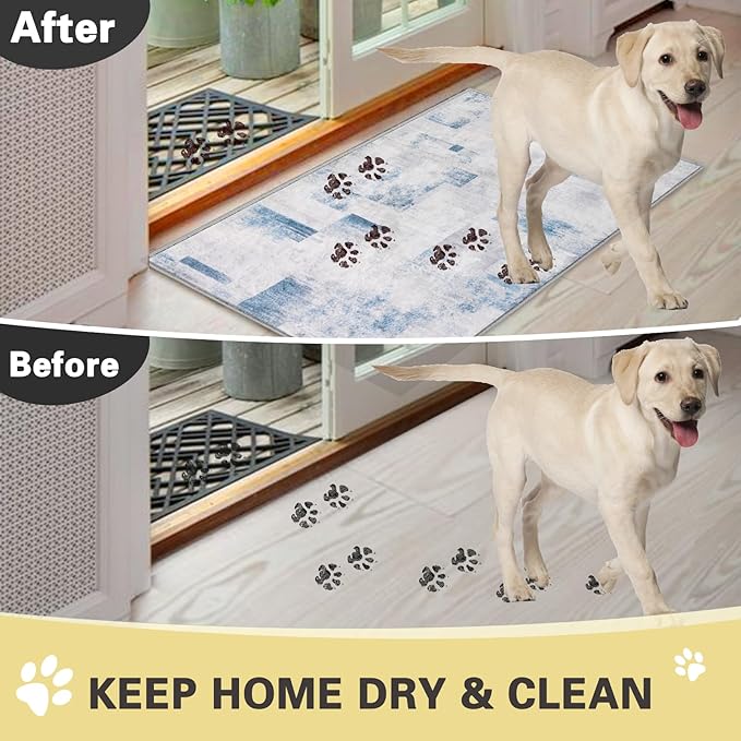 COMSLE Door Mat, Front Door Mat Indoor for Entrance Faux Wool Absorbent Non Slip Modern Throw Rug for Entryway Hallway Muddy Paws - Pet Friendly, 32x48 Inches,Square Blue Machine Washable