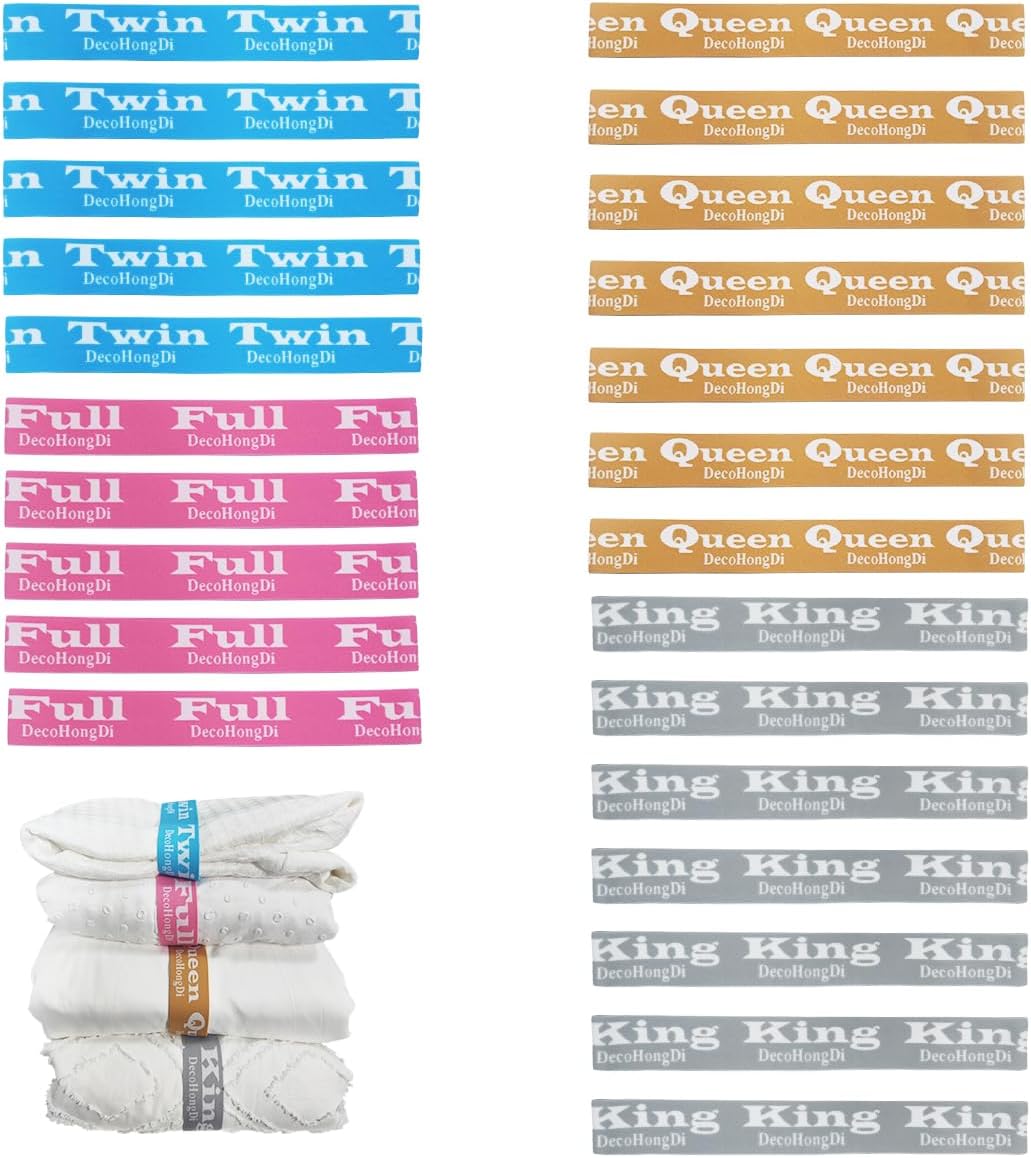 24 Packs Bed Sheet Organizer and Storage Size Label Bands, Elastic Sheet Folder Keeps for Linen Closet Organizing Multicolored Jacqaurd Bedding Straps for Sheet Label Bands-7K, 7Q, 5F, 5T
