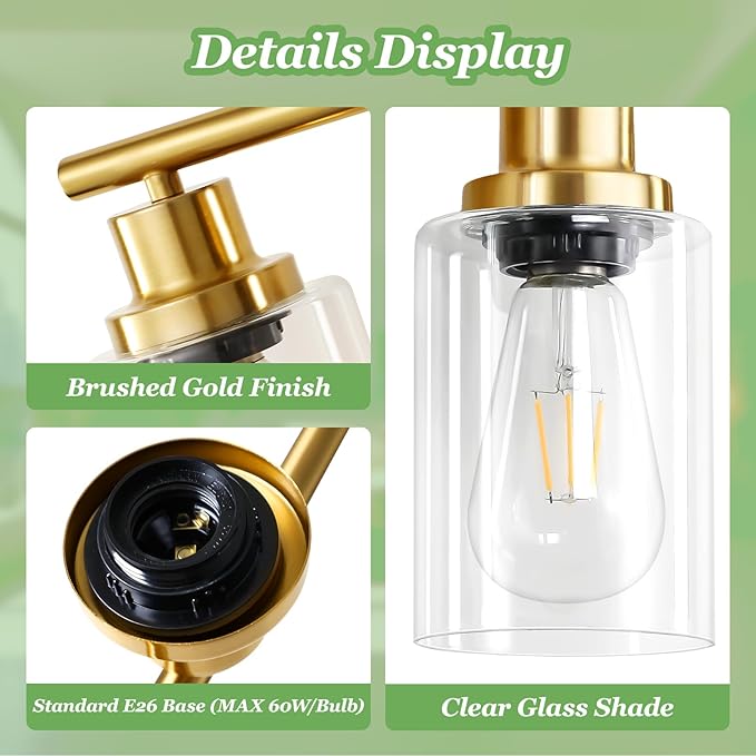 Guliaofo 5-Light Bathroom Vanity Lights, E26 Modern Brushed Gold Bathroom Light