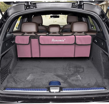 Hanemia Car Trunk Organizer, Backseat Hanging Storage with 4 Large Pockets, Collapsible Cargo Bag with Adjustable Straps Frees Trunk Floor, Sturdy Space Saving Expert for SUV, Truck, Van (Pink)